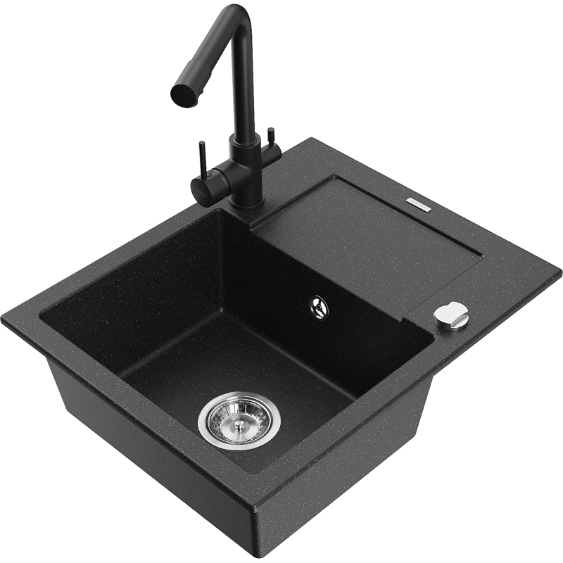 Mexen Enzo évier en granit à 1 bac avec égouttoir et robinet de cuisine Duero, noir/métal argenté - 6506-73-671600-70