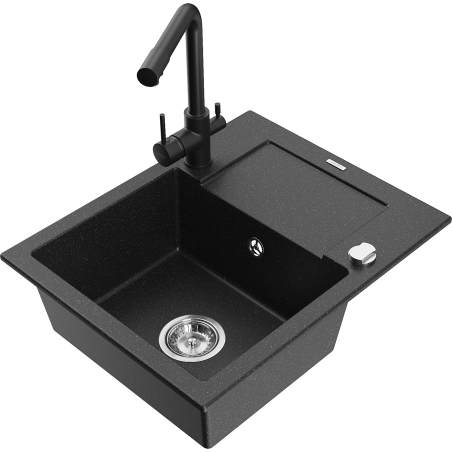 Mexen Enzo évier en granit à 1 bac avec égouttoir et robinet de cuisine Duero, noir/métal argenté - 6506-73-671600-70