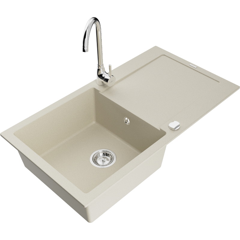 Mexen Leo évier de cuisine en granit 1 bac avec égouttoir et robinet Telma, beige - 6501-69-670200-00