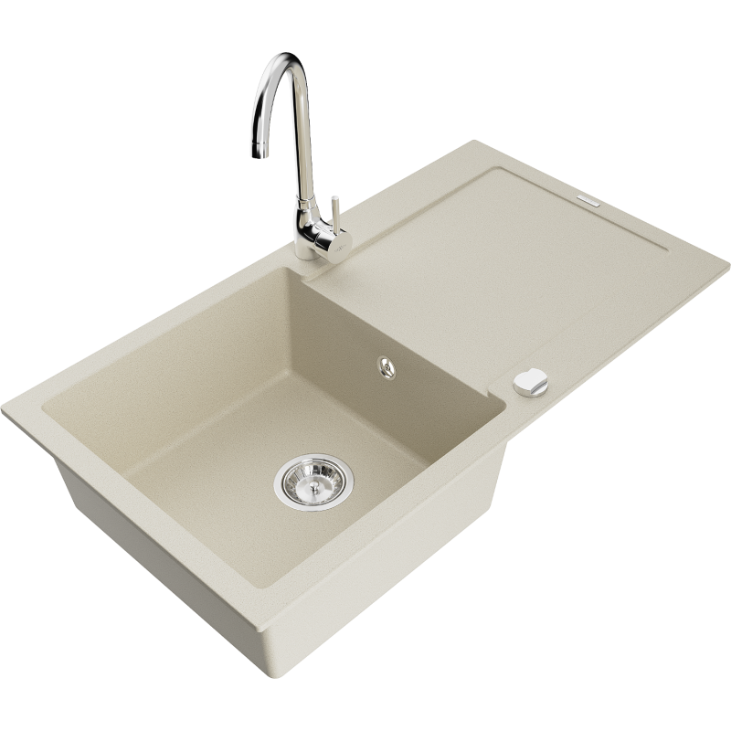 Mexen Leo évier en granit 1 bac avec égouttoir et robinet de cuisine Telma, beige - 6501-69-670200-00