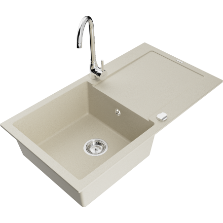 Mexen Leo évier de cuisine en granit 1 bac avec égouttoir et robinet Telma, beige - 6501-69-670200-00