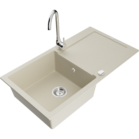 Mexen Leo évier en granit 1 bac avec égouttoir et robinet de cuisine Telma, beige - 6501-69-670200-00