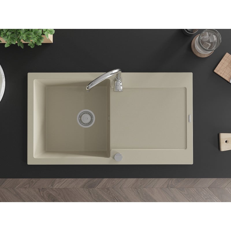 Mexen Leo évier en granit 1 bac avec égouttoir et robinet de cuisine Telma, beige - 6501-69-670200-00