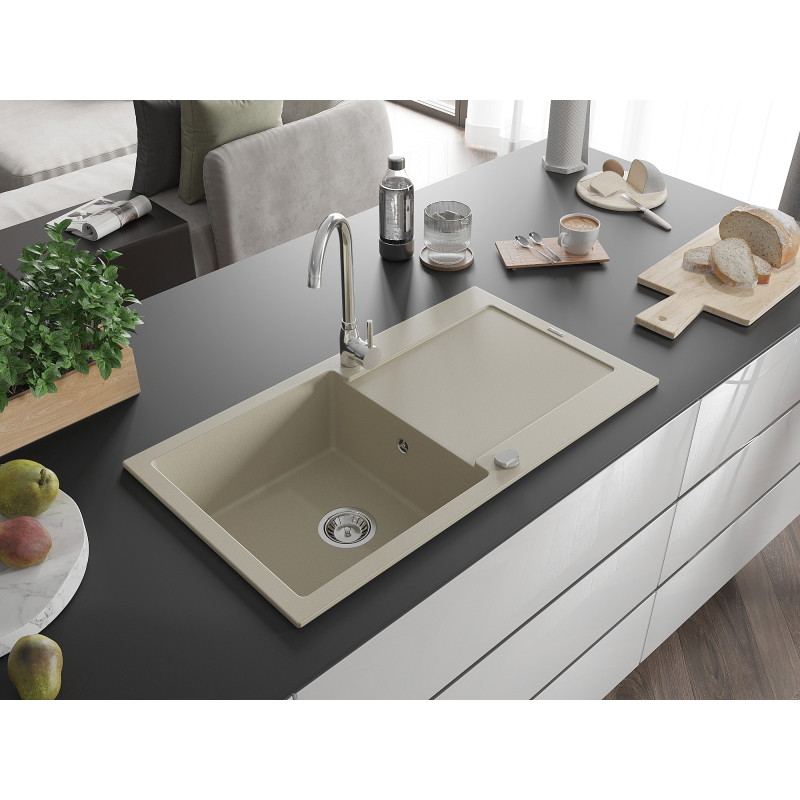 Mexen Leo évier de cuisine en granit 1 bac avec égouttoir et robinet Telma, beige - 6501-69-670200-00