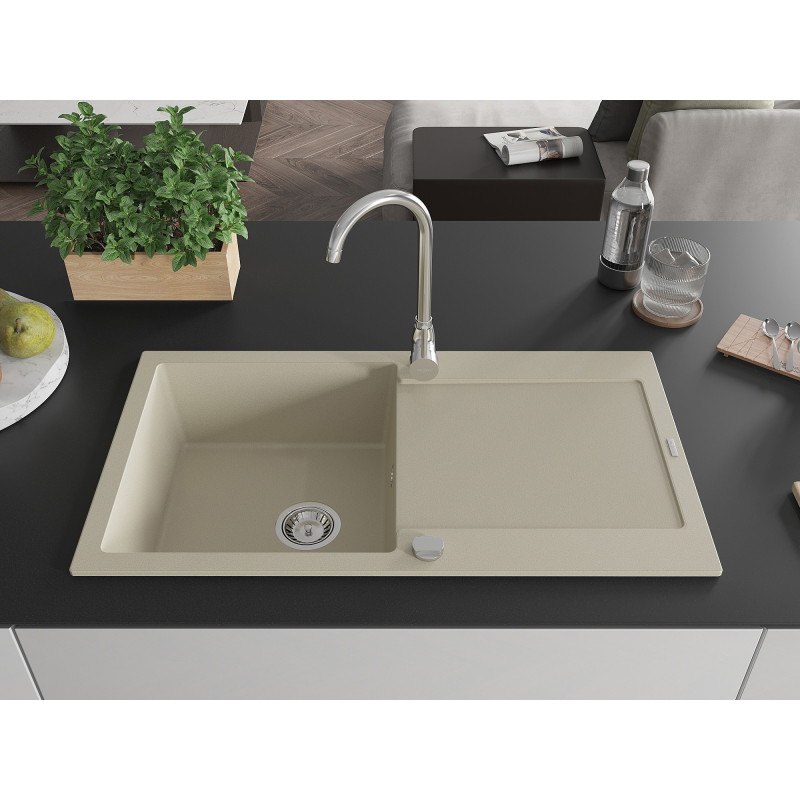 Mexen Leo évier de cuisine en granit 1 bac avec égouttoir et robinet Telma, beige - 6501-69-670200-00