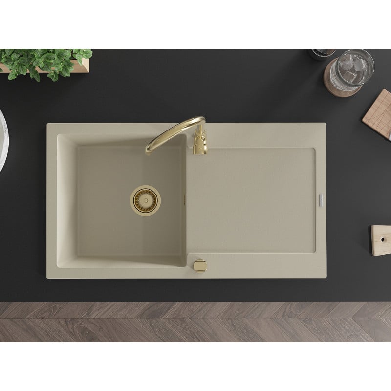 Mexen Leo évier en granit 1 bac avec égouttoir et robinet de cuisine Telma, beige - 6501-69-670200-50