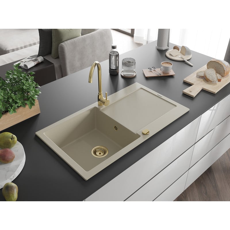 Mexen Leo évier en granit 1 bac avec égouttoir et robinet de cuisine Telma, beige - 6501-69-670200-50