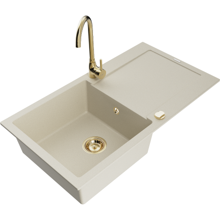 Mexen Leo évier en granit 1 bac avec égouttoir et robinet de cuisine Telma, beige - 6501-69-670200-50