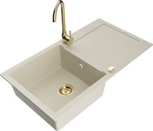 Mexen Leo évier en granit 1 bac avec égouttoir et robinet de cuisine Telma, beige - 6501-69-670200-50
