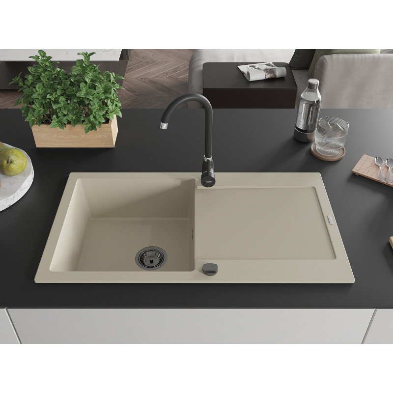Mexen Leo évier de cuisine en granit 1 bac avec égouttoir et robinet Telma, beige - 6501-69-670200-70
