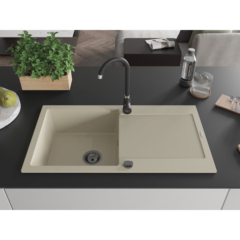 Mexen Leo évier en granit 1 bac avec égouttoir et robinet de cuisine Telma, beige - 6501-69-670200-70