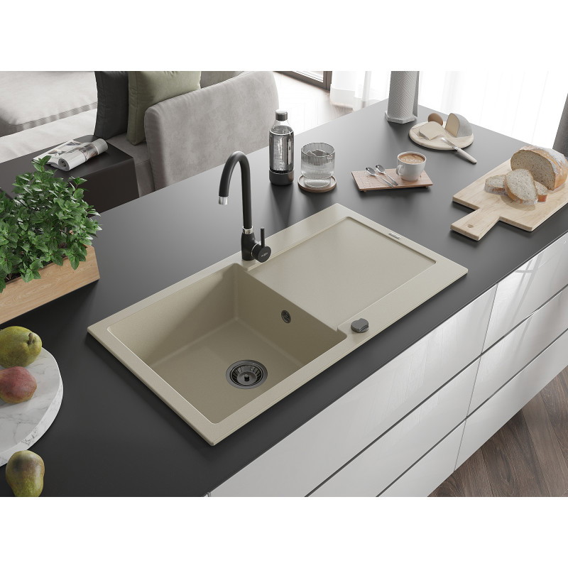 Mexen Leo évier en granit 1 bac avec égouttoir et robinet de cuisine Telma, beige - 6501-69-670200-70