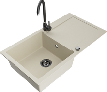 Mexen Leo évier en granit 1 bac avec égouttoir et robinet de cuisine Telma, beige - 6501-69-670200-70
