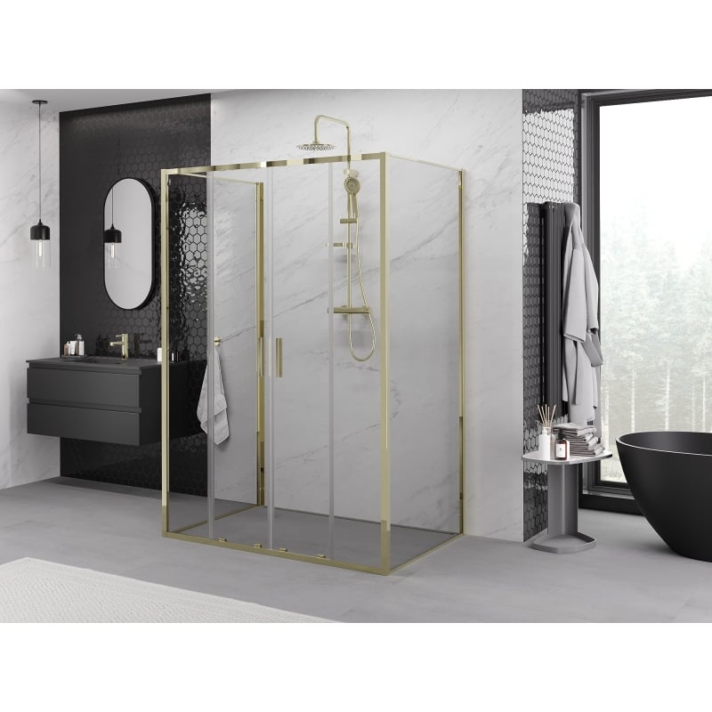 Mexen Exo-3S cabine de douche 3 parois coulissante 160 x 95 cm, transparente, dorée - 8152-160-095-50-00-3S