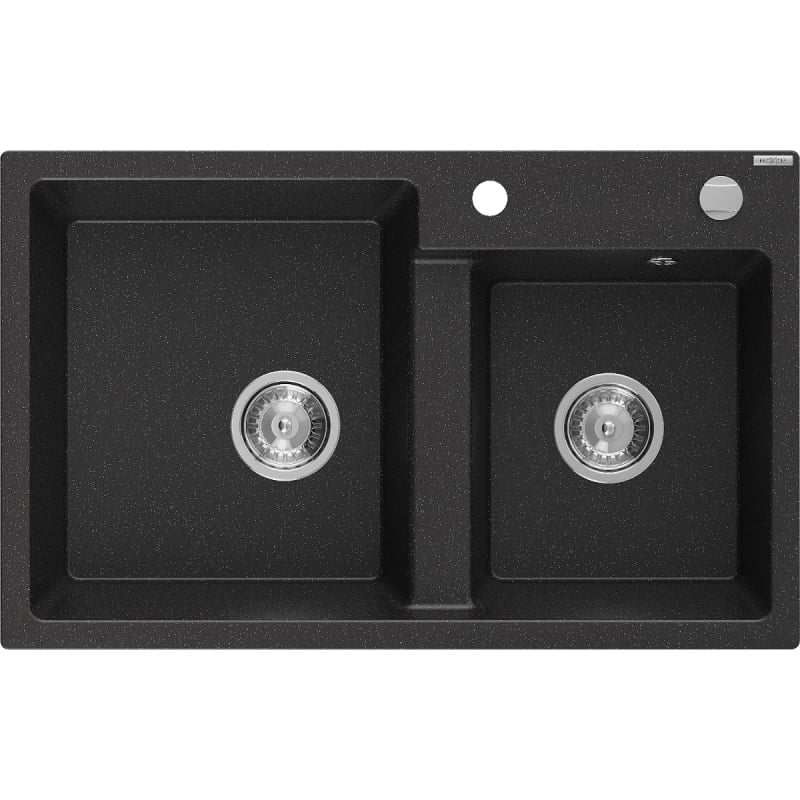 Mexen Tomas évier en granit à 2 bacs 800 x 500 mm, noir/métallisé argent, siphon chromé - 6516802000-73