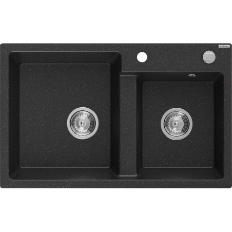 Mexen Tomas évier en granit à 2 bacs 800 x 500 mm, noir/métallisé argent, siphon chromé - 6516802000-73