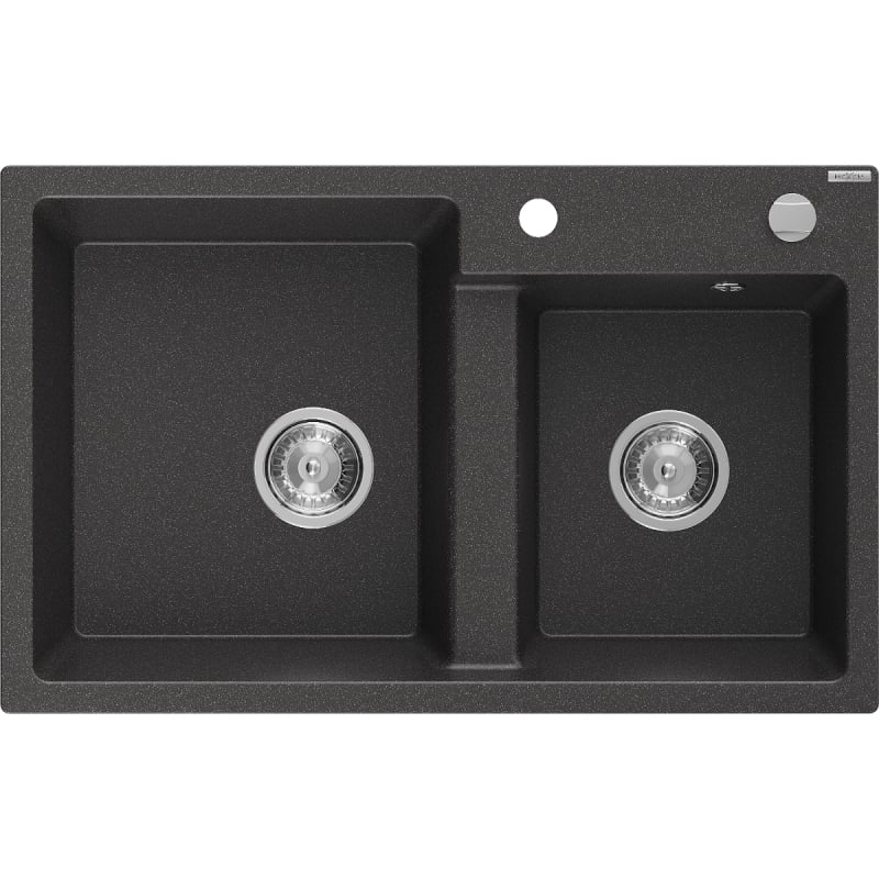 Mexen Tomas évier en granit à 2 bacs 800 x 500 mm, noir moucheté, siphon chromé - 6516802000-76