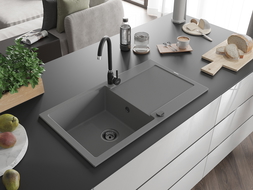 Mexen Leo évier en granit 1 bac avec égouttoir et robinet de cuisine Telma, gris - 6501-71-670200-70-B