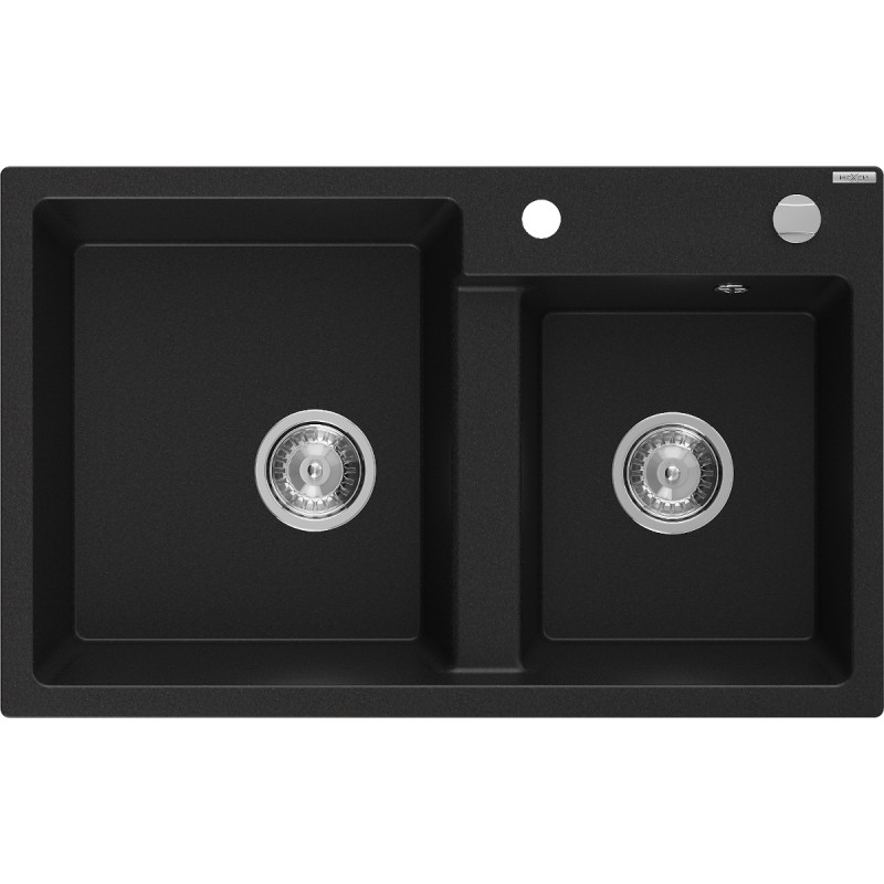 Mexen Tomas évier en granit à 2 bacs 800 x 500 mm, noir, siphon chromé - 6516802000-77