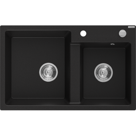 Mexen Tomas évier en granit à 2 bacs 800 x 500 mm, noir, siphon chromé - 6516802000-77