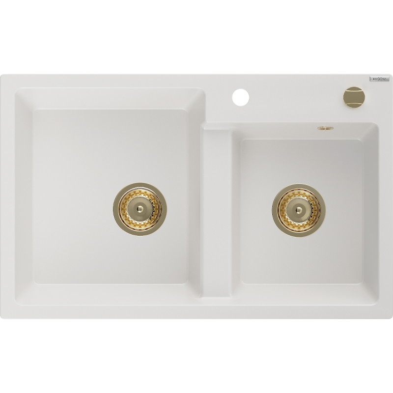 Mexen Tomas Évier en granit 2 bacs 800 x 500 mm, blanc, siphon doré - 6516802000-20-G