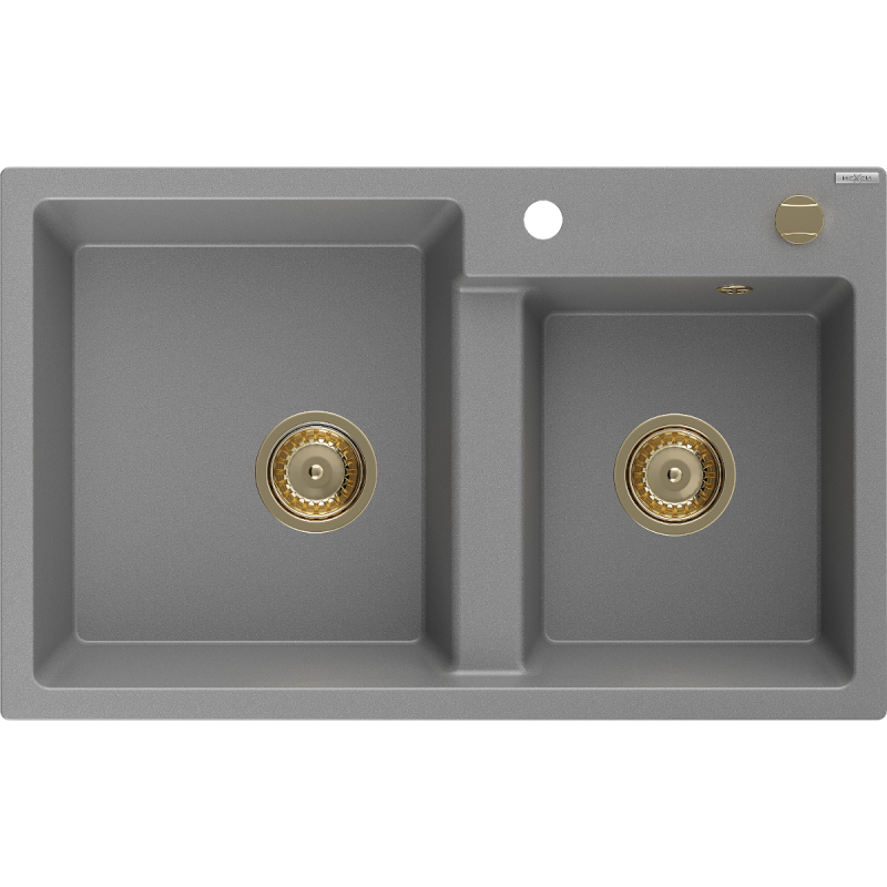Mexen Tomas évier en granit à 2 bacs 800 x 500 mm, gris, siphon doré - 6516802000-71-G