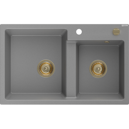 Mexen Tomas évier en granit à 2 bacs 800 x 500 mm, gris, siphon doré - 6516802000-71-G