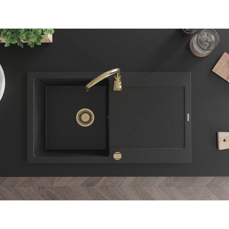 Mexen Leo évier en granit 1 bac avec égouttoir et robinet de cuisine Telma, noir/argenté métallisé - 6501-73-670200-50