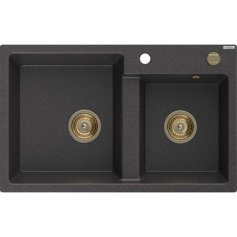 Mexen Tomas évier de cuisine en granit à 2 bacs 800 x 500 mm, noir moucheté, siphon doré - 6516802000-76-G
