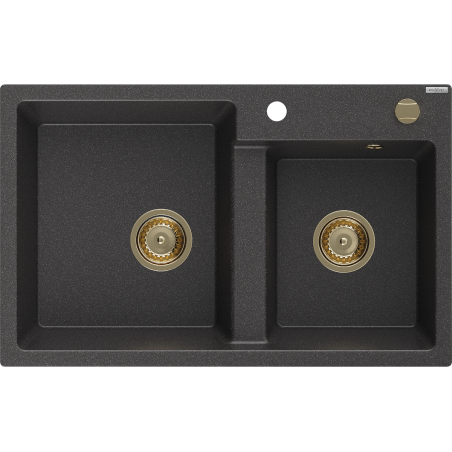 Mexen Tomas évier en granit à 2 bacs 800 x 500 mm, noir moucheté, siphon doré - 6516802000-76-G