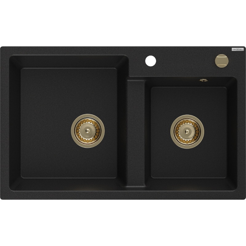 Mexen Tomas évier en granit 2 bacs 800 x 500 mm, noir, siphon doré - 6516802000-77-G