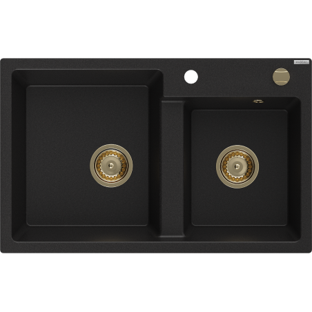 Mexen Tomas évier en granit 2 bacs 800 x 500 mm, noir, siphon doré - 6516802000-77-G