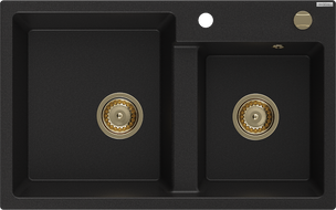 Mexen Tomas évier en granit 2 bacs 800 x 500 mm, noir, siphon doré - 6516802000-77-G
