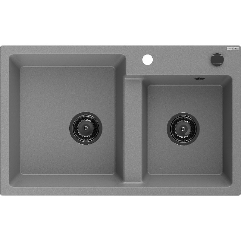Mexen Tomas Évier de cuisine en granit 2 bacs 800 x 500 mm, gris, siphon noir - 6516802000-71-B