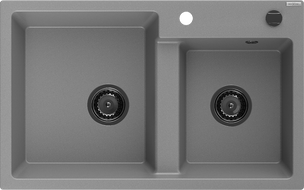 Mexen Tomas Évier de cuisine en granit 2 bacs 800 x 500 mm, gris, siphon noir - 6516802000-71-B