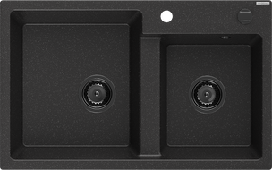 Mexen Tomas évier en granit 2 bacs 800 x 500 mm, noir/argent métallisé, siphon noir - 6516802000-73-B