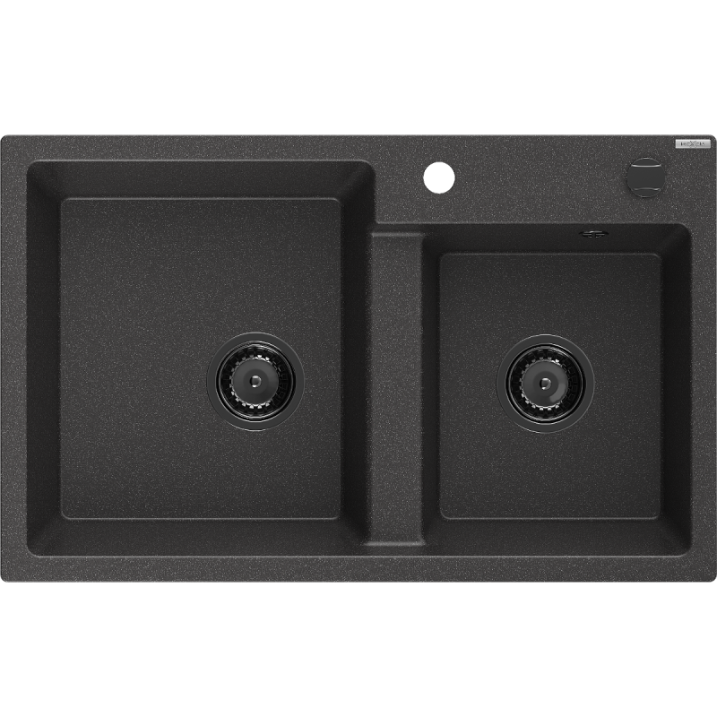 Mexen Tomas évier en granit 2 bacs 800 x 500 mm, noir moucheté, siphon noir - 6516802000-76-B