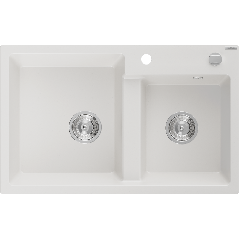 Mexen Tomas évier de cuisine en granit 2 bacs 800 x 500 mm, blanc, siphon chromé - 6516802000-20