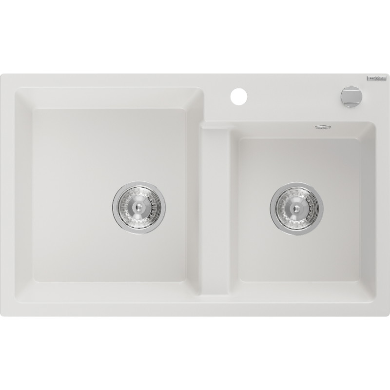 Mexen Tomas Évier en granit 2 bacs 800 x 500 mm, blanc, siphon chromé - 6516802000-20
