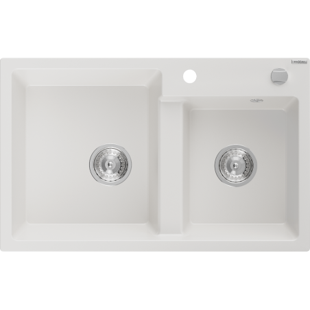 Mexen Tomas évier de cuisine en granit 2 bacs 800 x 500 mm, blanc, siphon chromé - 6516802000-20