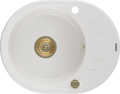 Mexen Kevin évier en granit 1 bac avec égouttoir 586 x 458 mm, blanc, siphon doré - 6517581005-20-G