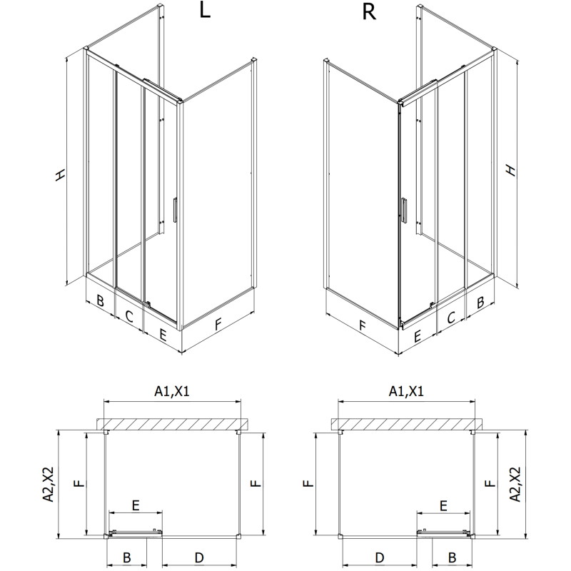Mexen Exo-3S 3S cabine de douche 3 murs coulissante 85 x 95 cm, transparent, noir - 8153-085-095-70-00-3S