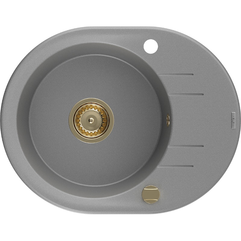 Mexen Kevin évier en granit à 1 bac avec égouttoir 586 x 458 mm, gris, siphon doré - 6517581005-71-G