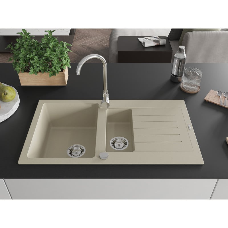 Mexen Matias évier en granit 1,5 cuve avec égouttoir et robinet de cuisine Telma, beige - 6502-69-670200-00