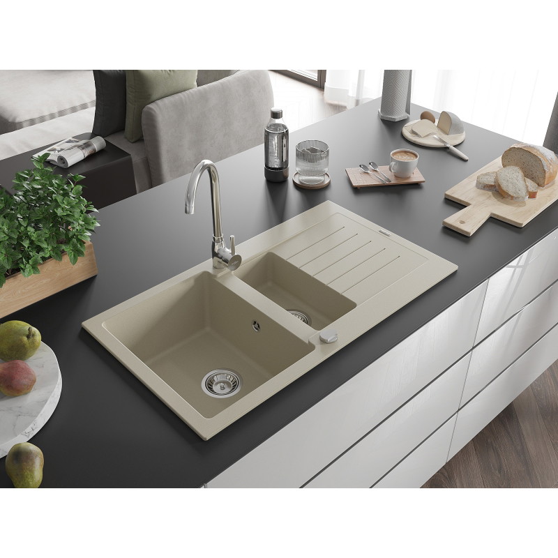 Mexen Matias évier en granit 1,5 bac avec égouttoir et robinet de cuisine Telma, beige - 6502-69-670200-00
