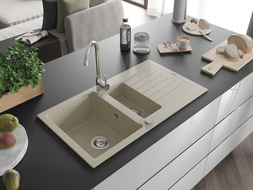 Mexen Matias évier en granit 1,5 bac avec égouttoir et robinet de cuisine Telma, beige - 6502-69-670200-00