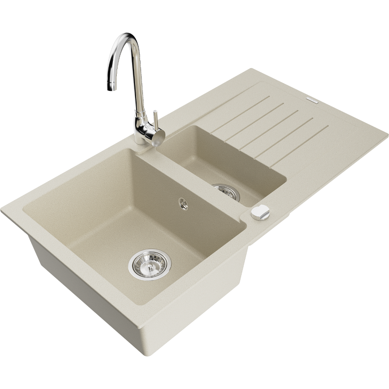 Mexen Matias évier en granit 1,5 bac avec égouttoir et robinet de cuisine Telma, beige - 6502-69-670200-00
