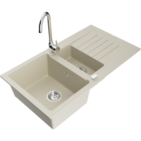 Mexen Matias évier en granit 1,5 cuve avec égouttoir et robinet de cuisine Telma, beige - 6502-69-670200-00