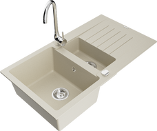 Mexen Matias évier en granit 1,5 bac avec égouttoir et robinet de cuisine Telma, beige - 6502-69-670200-00
