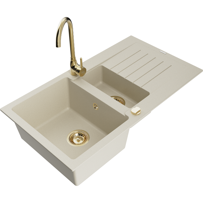 Mexen Matias évier en granit 1,5 bac avec égouttoir et robinet de cuisine Telma, beige - 6502-69-670200-50